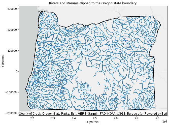 Plotting example for a Clip result. River linestrings are clipped to a state boundary.