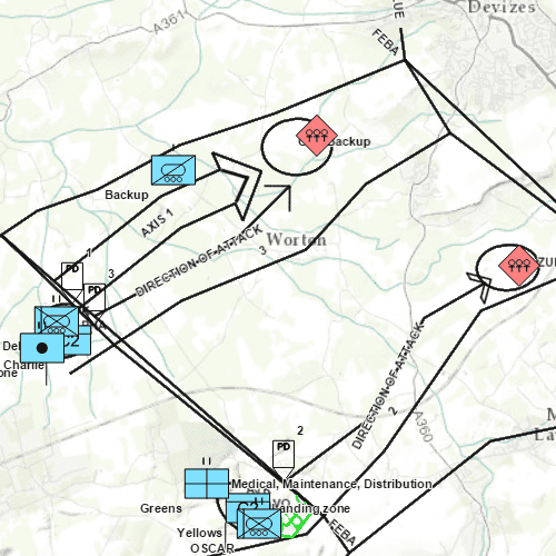 A map in an ArcGIS Runtime app showing military symbols.