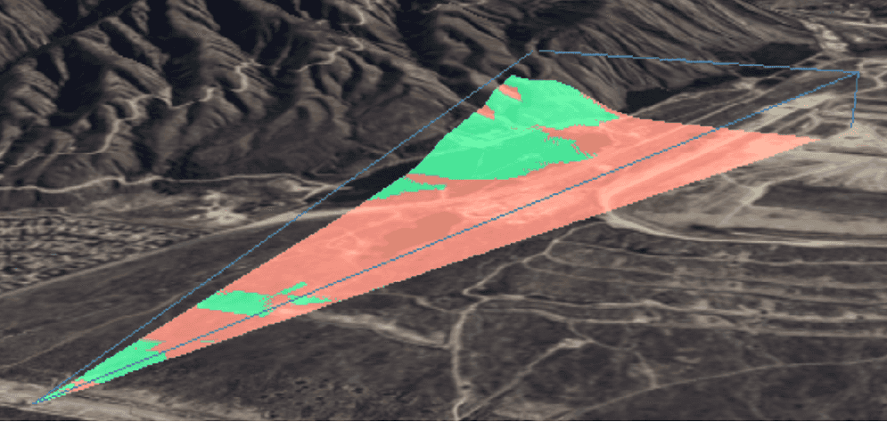 A scene view showing a location viewshed and the frustrum.