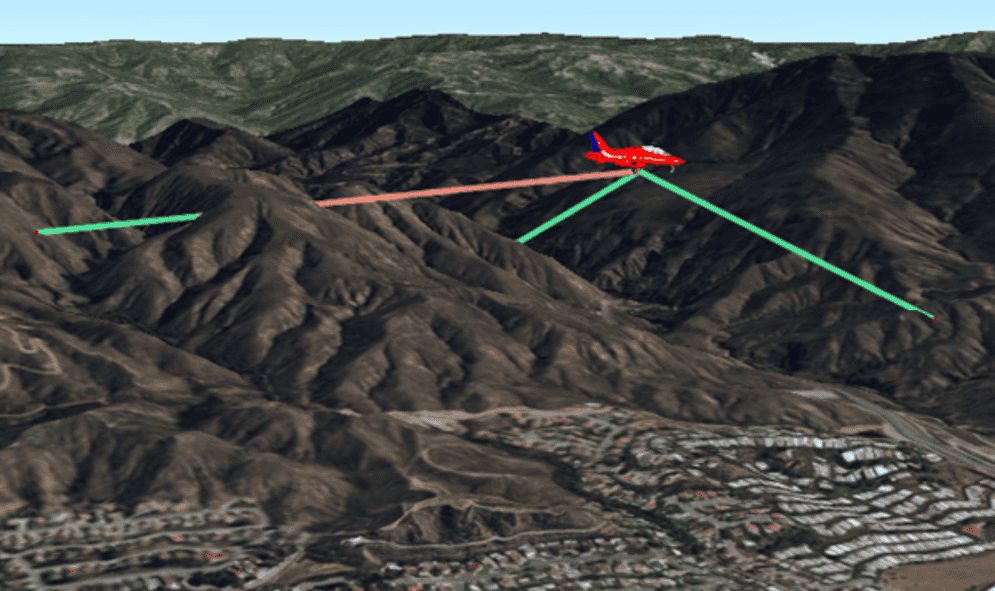 A scene view showing lines of sight for a moving geoelement